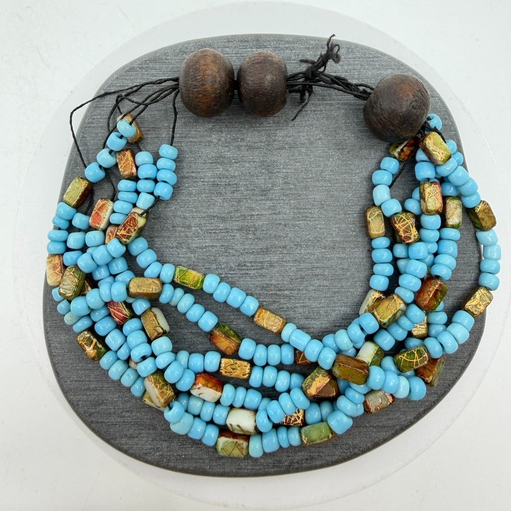 Turquoise & Gold Tone Blue Multi Strand Bead Bracelet Foil Statement Jewelry